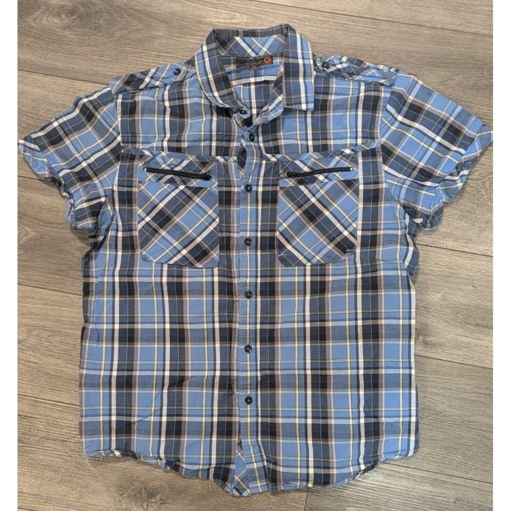 Vtg G By Guess Mens XXL Shirt Plaid Short Sleeve Button Up Blue Zip Pocket Cross